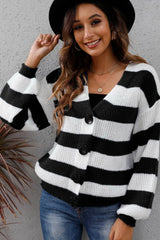 New autumn and winter women's clothing contrasting striped button spliced woven sweater jacket - V.I.P Digital Presence