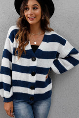 New autumn and winter women's clothing contrasting striped button spliced woven sweater jacket - V.I.P Digital Presence