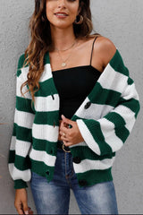 New autumn and winter women's clothing contrasting striped button spliced woven sweater jacket - V.I.P Digital Presence