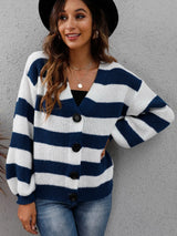 New autumn and winter women's clothing contrasting striped button spliced woven sweater jacket - V.I.P Digital Presence