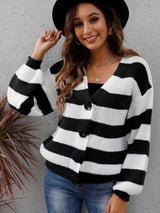 New autumn and winter women's clothing contrasting striped button spliced woven sweater jacket - V.I.P Digital Presence
