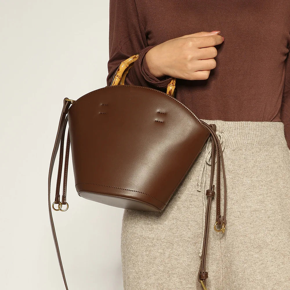 New design bucket bag fashion bamboo handle soft leather women bag single shoulder crossbody bag - V.I.P Digital Presence