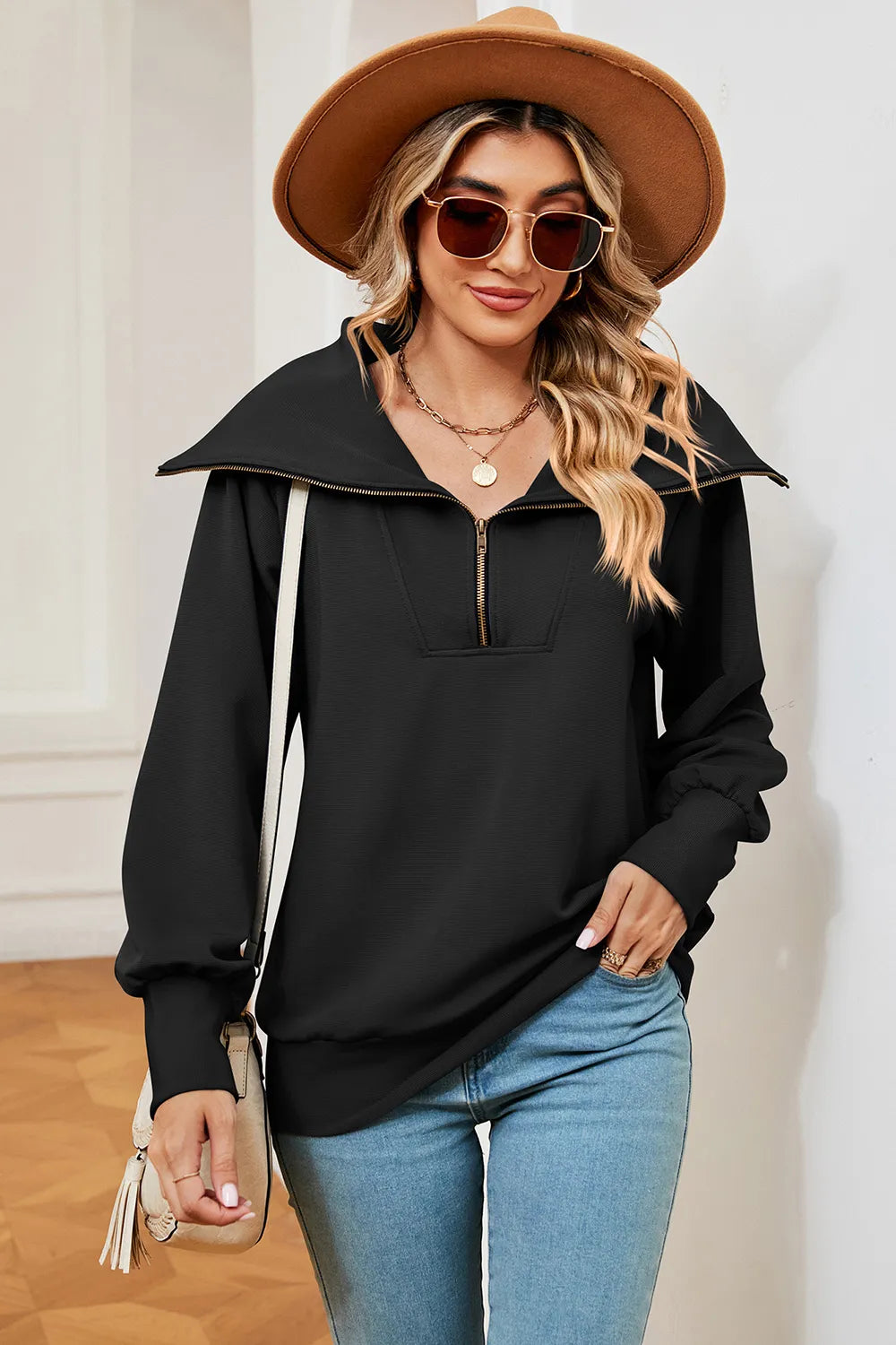 New long sleeved zipper lapel shawl pullover hoodie for women - V.I.P Digital Presence