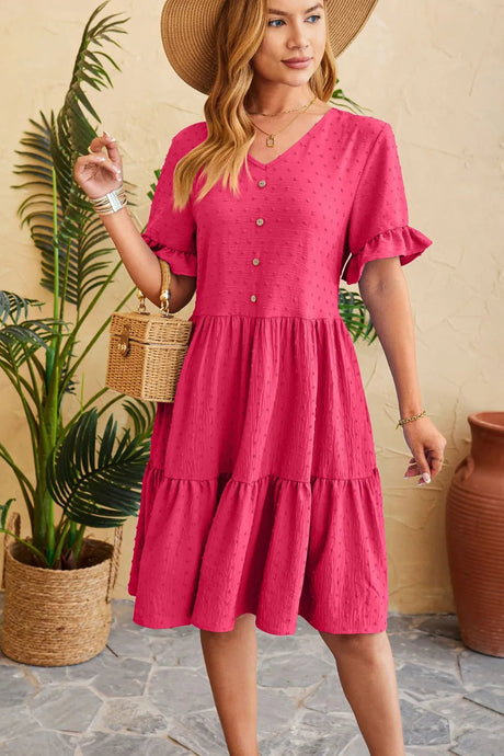 New V-neck jacquard waist cinched five quarter sleeve pleated dress - V.I.P Digital Presence