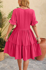New V-neck jacquard waist cinched five quarter sleeve pleated dress - V.I.P Digital Presence