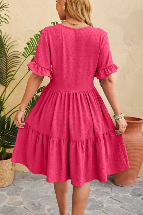 New V-neck jacquard waist cinched five quarter sleeve pleated dress - V.I.P Digital Presence