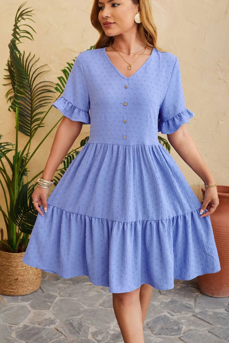 New V-neck jacquard waist cinched five quarter sleeve pleated dress - V.I.P Digital Presence
