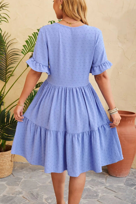New V-neck jacquard waist cinched five quarter sleeve pleated dress - V.I.P Digital Presence