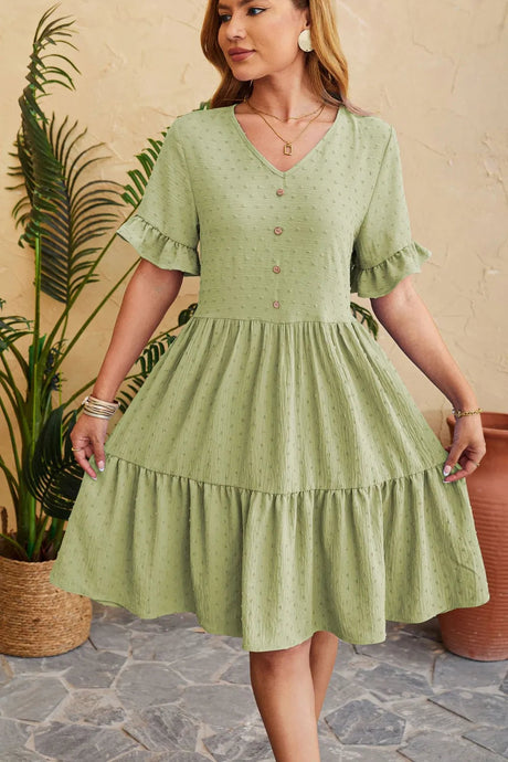 New V-neck jacquard waist cinched five quarter sleeve pleated dress - V.I.P Digital Presence