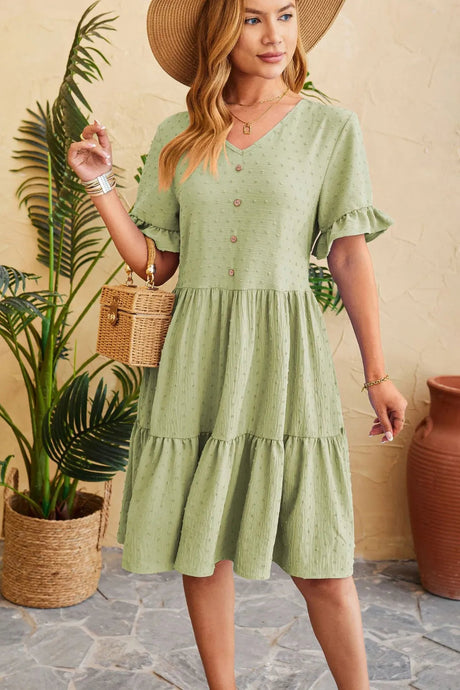 New V-neck jacquard waist cinched five quarter sleeve pleated dress - V.I.P Digital Presence