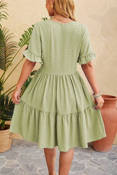New V-neck jacquard waist cinched five quarter sleeve pleated dress - V.I.P Digital Presence