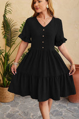 New V-neck jacquard waist cinched five quarter sleeve pleated dress - V.I.P Digital Presence