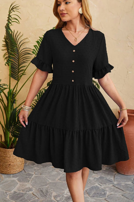 New V-neck jacquard waist cinched five quarter sleeve pleated dress - V.I.P Digital Presence
