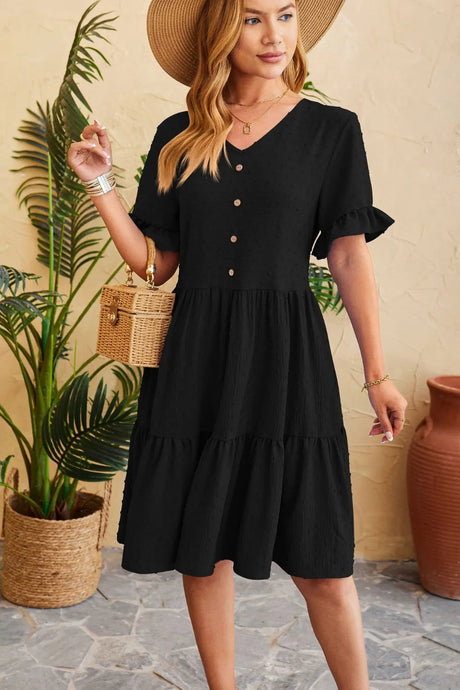 New V-neck jacquard waist cinched five quarter sleeve pleated dress - V.I.P Digital Presence