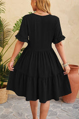 New V-neck jacquard waist cinched five quarter sleeve pleated dress - V.I.P Digital Presence