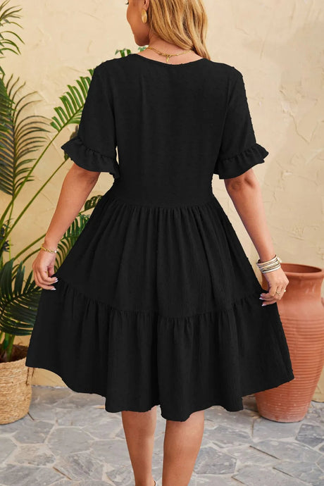New V-neck jacquard waist cinched five quarter sleeve pleated dress - V.I.P Digital Presence