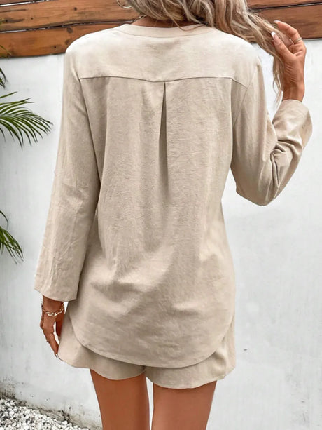 Notched Long Sleeve Top and Shorts Set - V.I.P Digital Presence