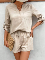 Notched Long Sleeve Top and Shorts Set - V.I.P Digital Presence