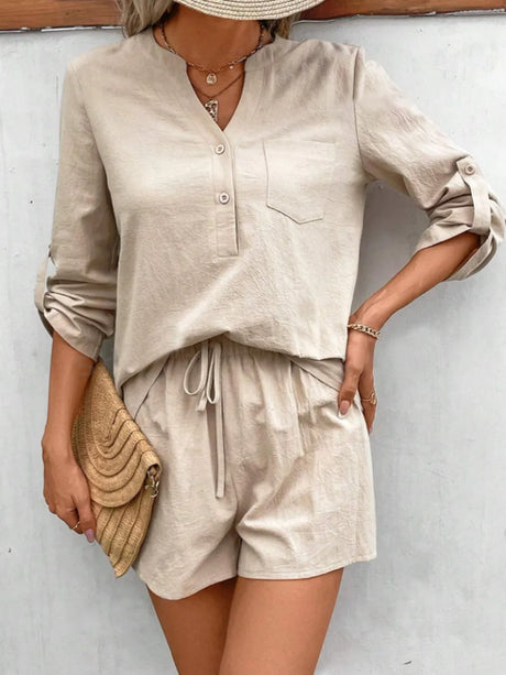 Notched Long Sleeve Top and Shorts Set - V.I.P Digital Presence