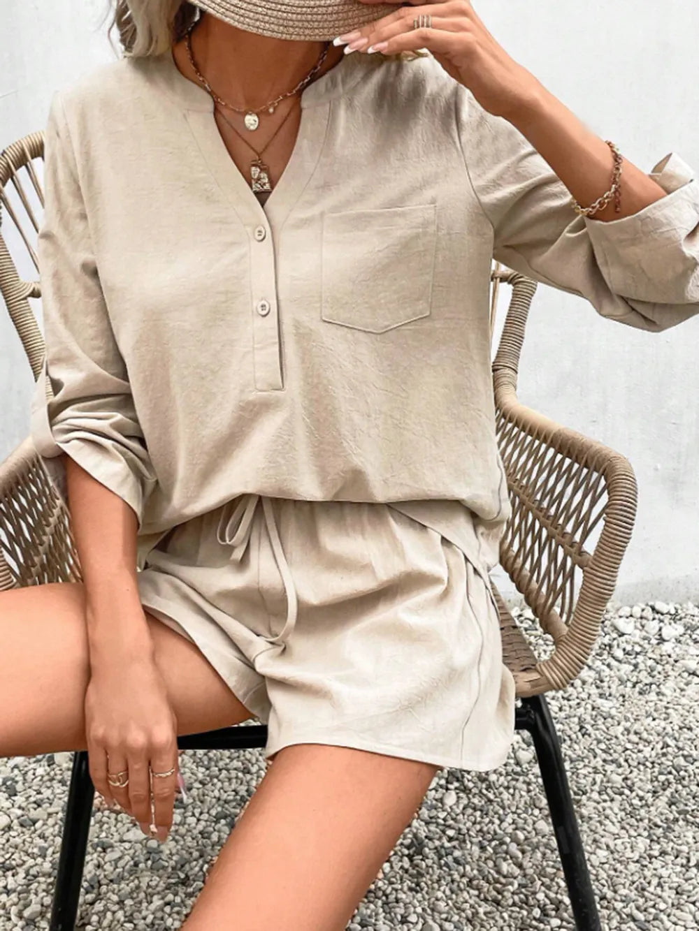 Notched Long Sleeve Top and Shorts Set - V.I.P Digital Presence