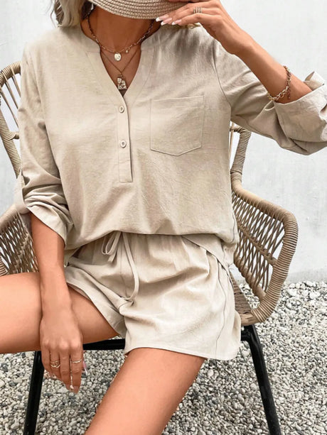 Notched Long Sleeve Top and Shorts Set - V.I.P Digital Presence