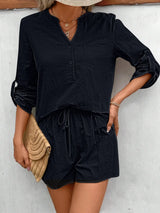 Notched Long Sleeve Top and Shorts Set - V.I.P Digital Presence