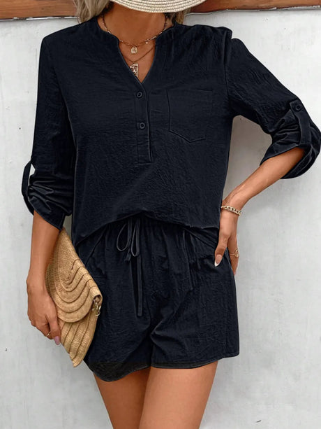 Notched Long Sleeve Top and Shorts Set - V.I.P Digital Presence