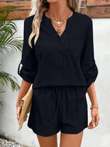 Notched Long Sleeve Top and Shorts Set - V.I.P Digital Presence