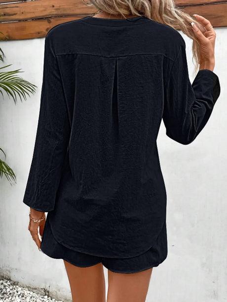 Notched Long Sleeve Top and Shorts Set - V.I.P Digital Presence