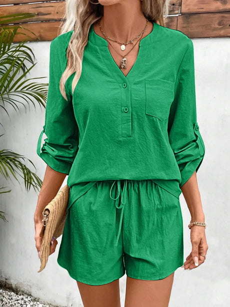Notched Long Sleeve Top and Shorts Set - V.I.P Digital Presence