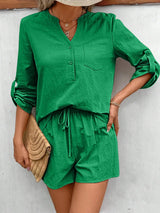 Notched Long Sleeve Top and Shorts Set - V.I.P Digital Presence