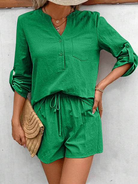 Notched Long Sleeve Top and Shorts Set - V.I.P Digital Presence