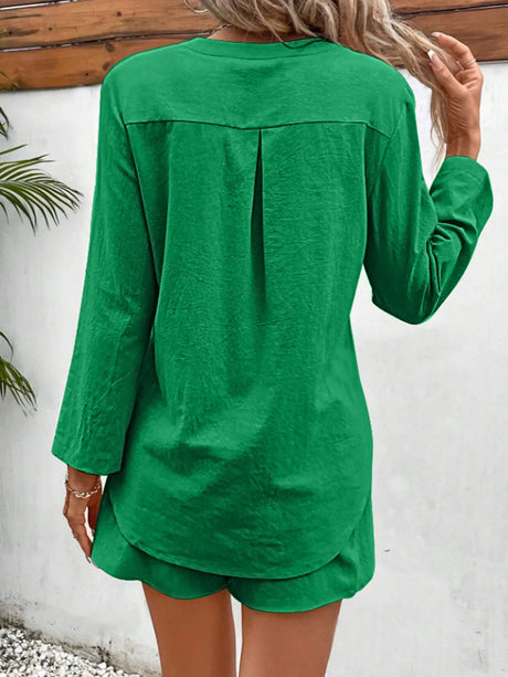 Notched Long Sleeve Top and Shorts Set - V.I.P Digital Presence