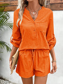 Notched Long Sleeve Top and Shorts Set - V.I.P Digital Presence