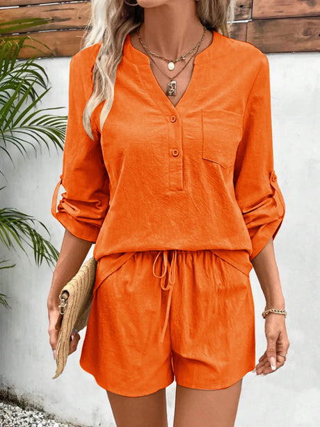 Notched Long Sleeve Top and Shorts Set - V.I.P Digital Presence