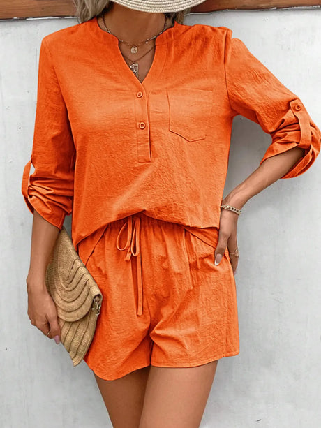 Notched Long Sleeve Top and Shorts Set - V.I.P Digital Presence
