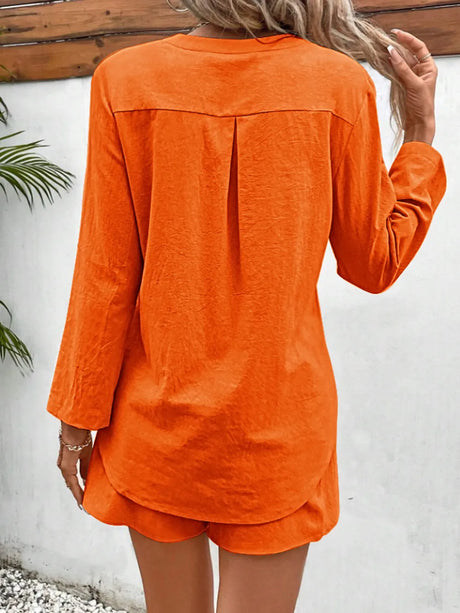 Notched Long Sleeve Top and Shorts Set - V.I.P Digital Presence