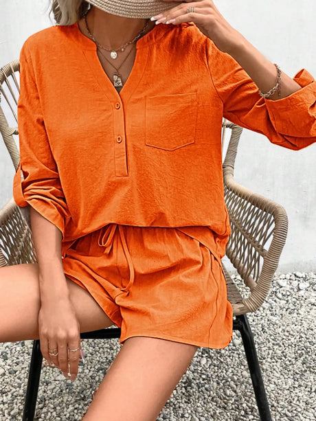 Notched Long Sleeve Top and Shorts Set - V.I.P Digital Presence