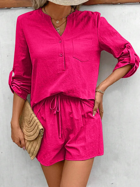 Notched Long Sleeve Top and Shorts Set - V.I.P Digital Presence