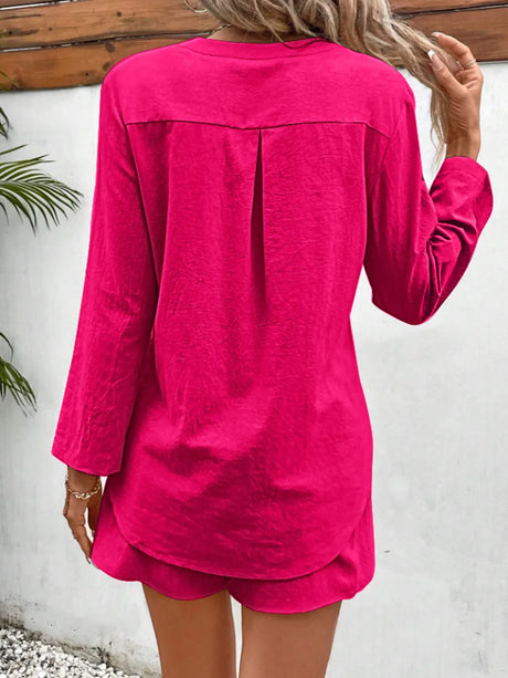 Notched Long Sleeve Top and Shorts Set - V.I.P Digital Presence