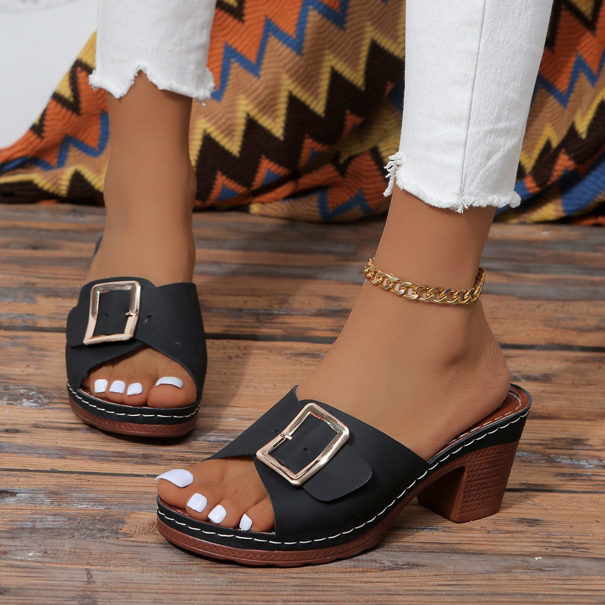 Open Toe Block Heel Buckle Sandals - V.I.P Digital Presence
