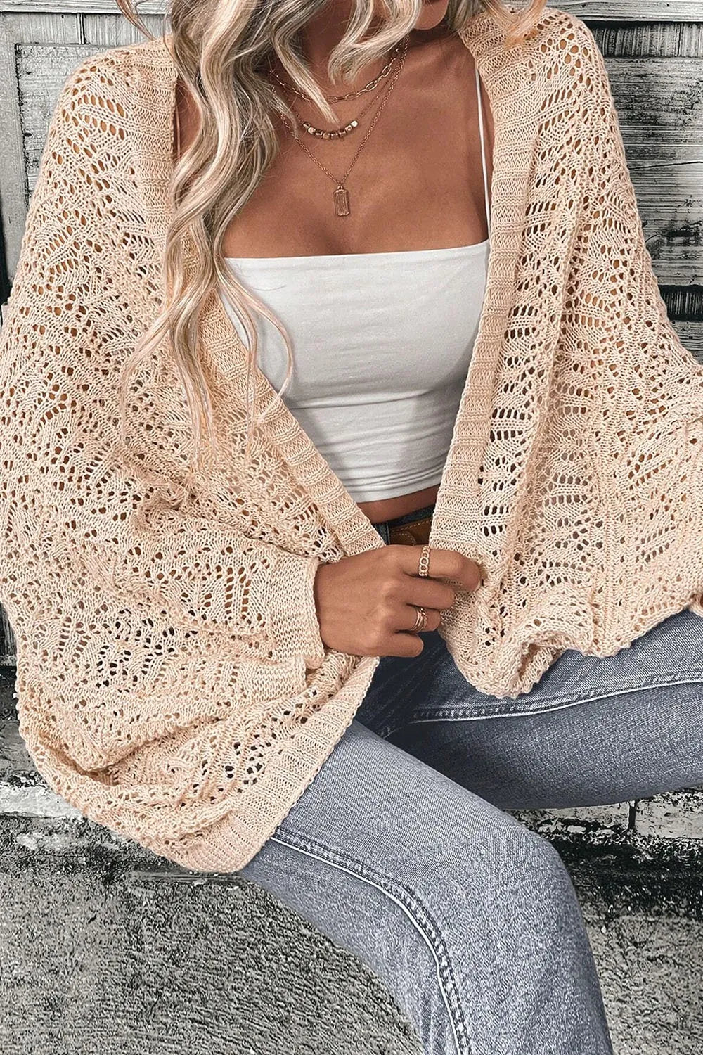 Openwork Open Front Long Sleeve Cardigan - V.I.P Digital Presence