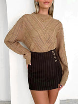 Openwork Round Neck Long Sleeve Sweater - V.I.P Digital Presence