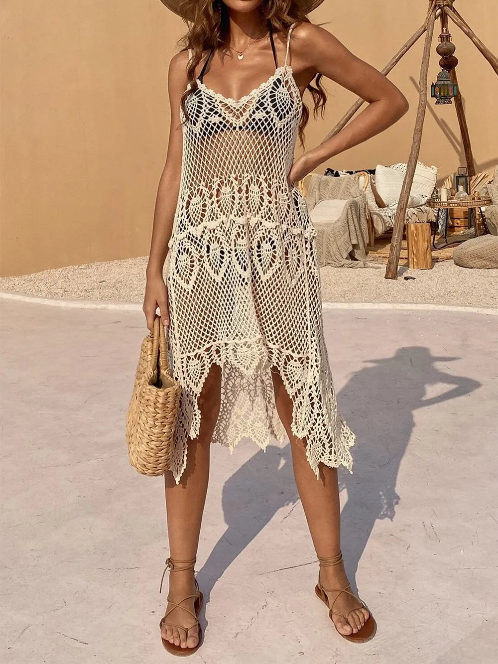 Openwork Scoop Neck Spaghetti Strap Cover-Up Dress - V.I.P Digital Presence