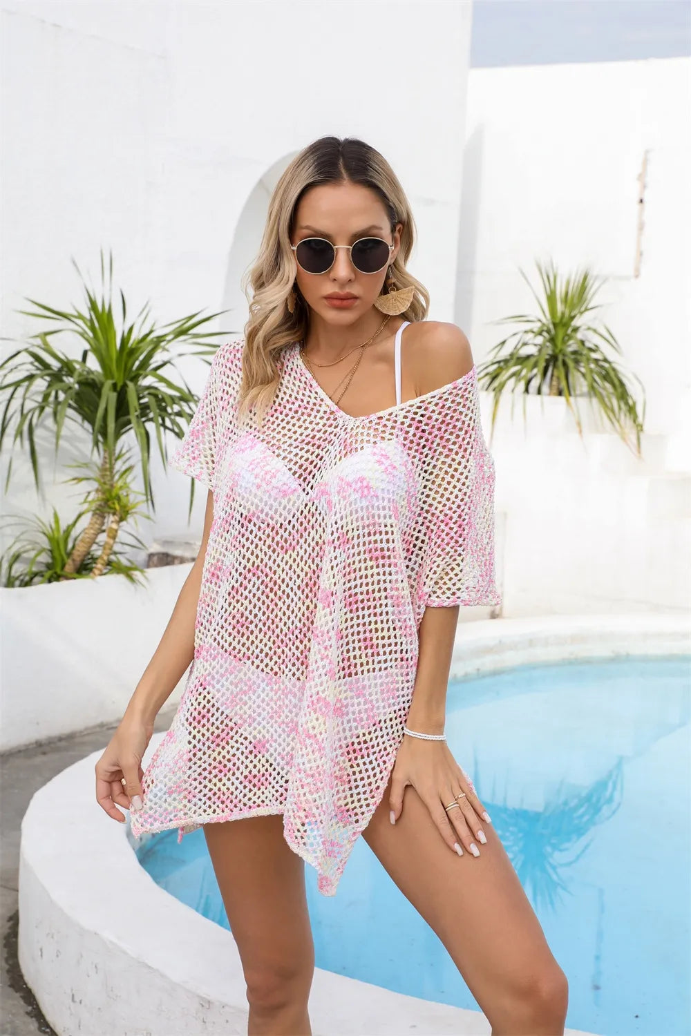Openwork V-Neck Short Sleeve Cover Up - V.I.P Digital Presence