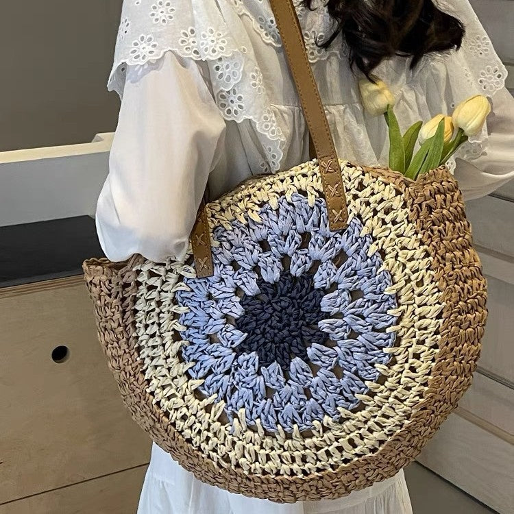 Paper rope hollow out colorful round plate grass woven bag casual beach bag one shoulder fashionable woven bag - V.I.P Digital Presence