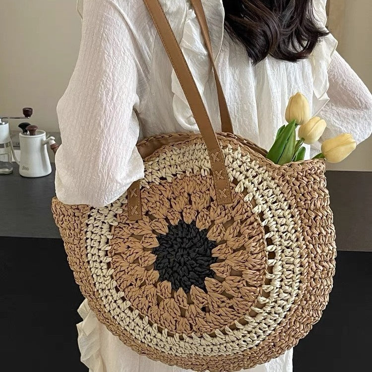 Paper rope hollow out colorful round plate grass woven bag casual beach bag one shoulder fashionable woven bag - V.I.P Digital Presence