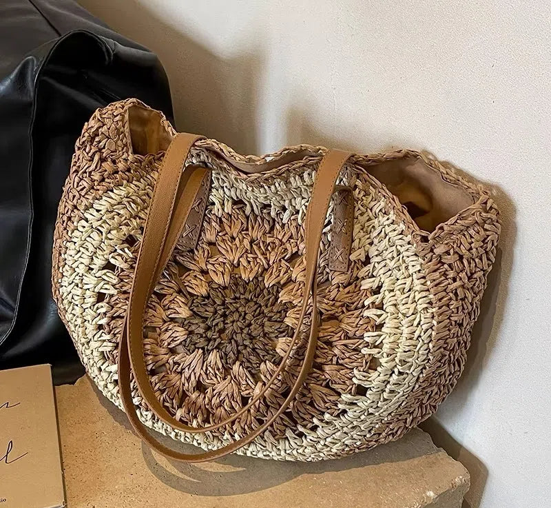 Paper rope hollow out colorful round plate grass woven bag casual beach bag one shoulder fashionable woven bag - V.I.P Digital Presence
