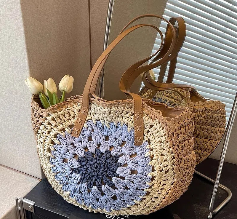 Paper rope hollow out colorful round plate grass woven bag casual beach bag one shoulder fashionable woven bag - V.I.P Digital Presence