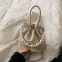 Pearl chain pleated shoulder bag women new solid color soft surface ins beam mouth portable Messenger bag - V.I.P Digital Presence